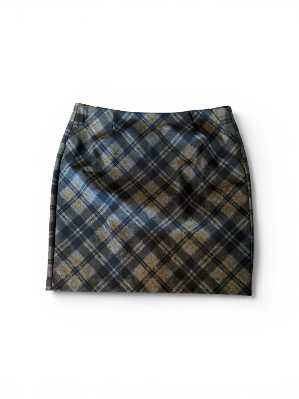 Cabi Plaid Pencil Skirt w/ Pockets Size 14 Black Gray Mustard Plaid Career Skirt